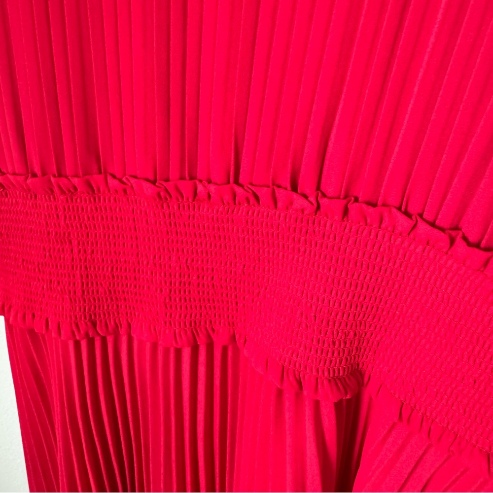 Nanette Lepore Red Smocked Pleated Dress Size 12 Mock Neck Evening Wedding - Picture 7 of 16